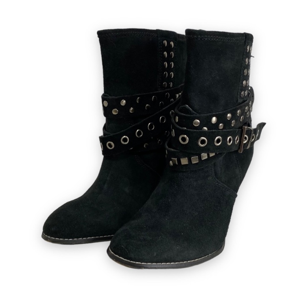 libby Edelman - Black Suede STudded Wrap Buckle Heeled Boot - Size 9.5 China - Picture 3 of 13